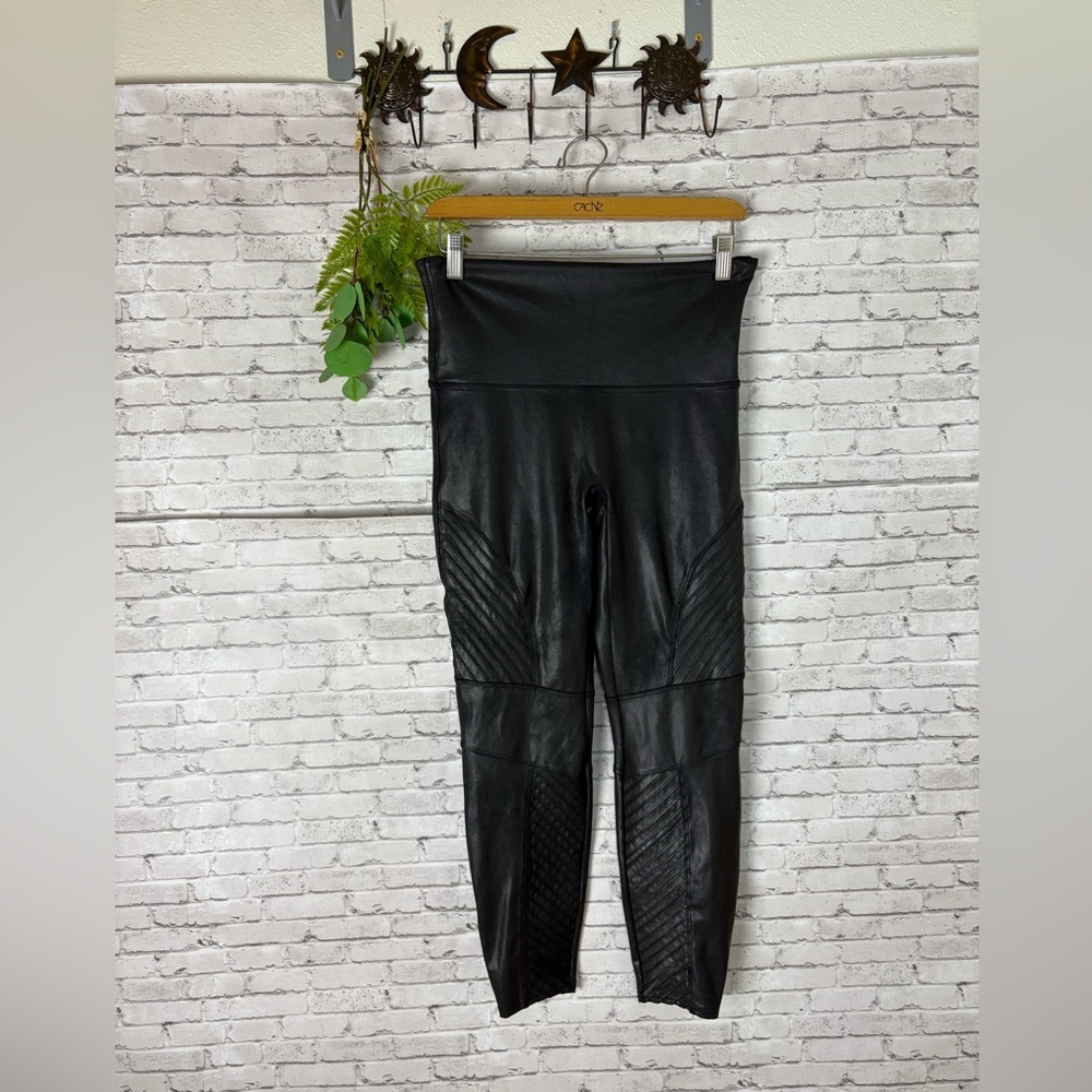 SPANX Black Faux Leather Moto Textured Leggings